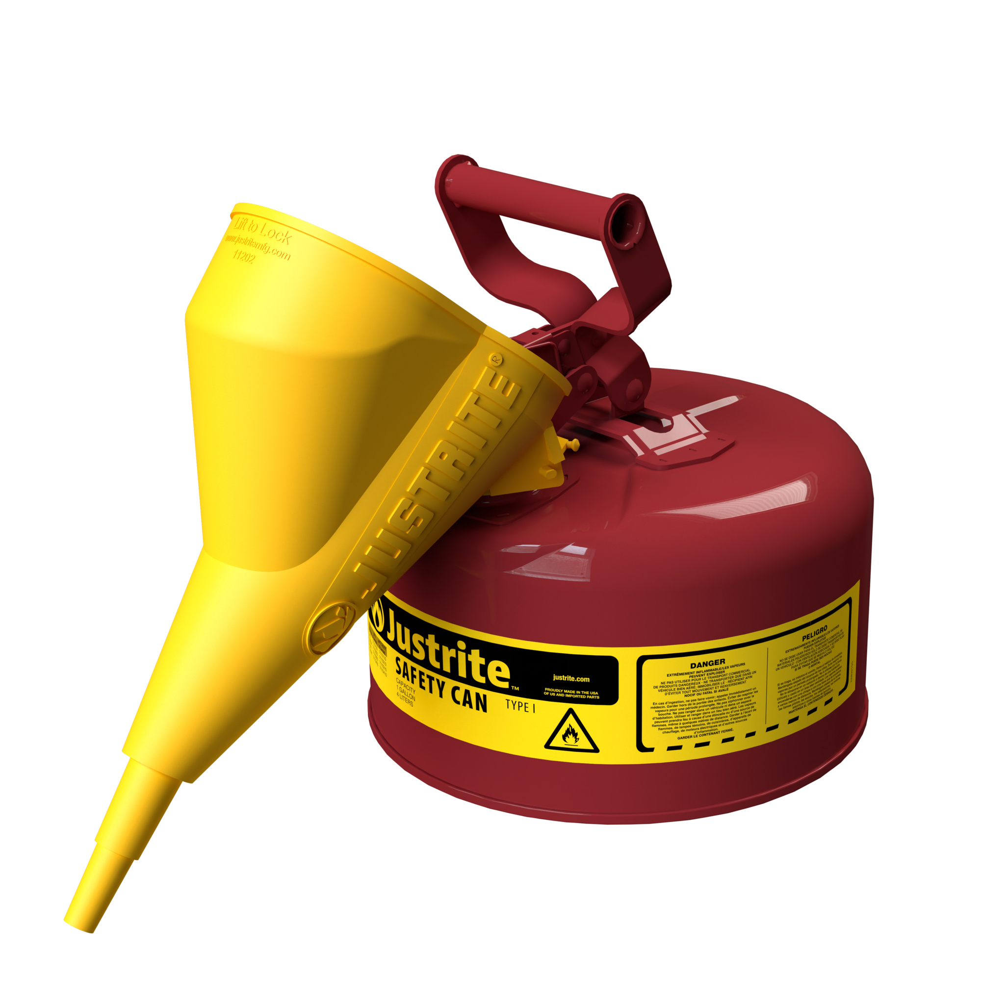 Justrite Type I Steel Safety Can for Flammables — 1 Gallon, Funnel, Flame Arrester, Red, Model# 7110110